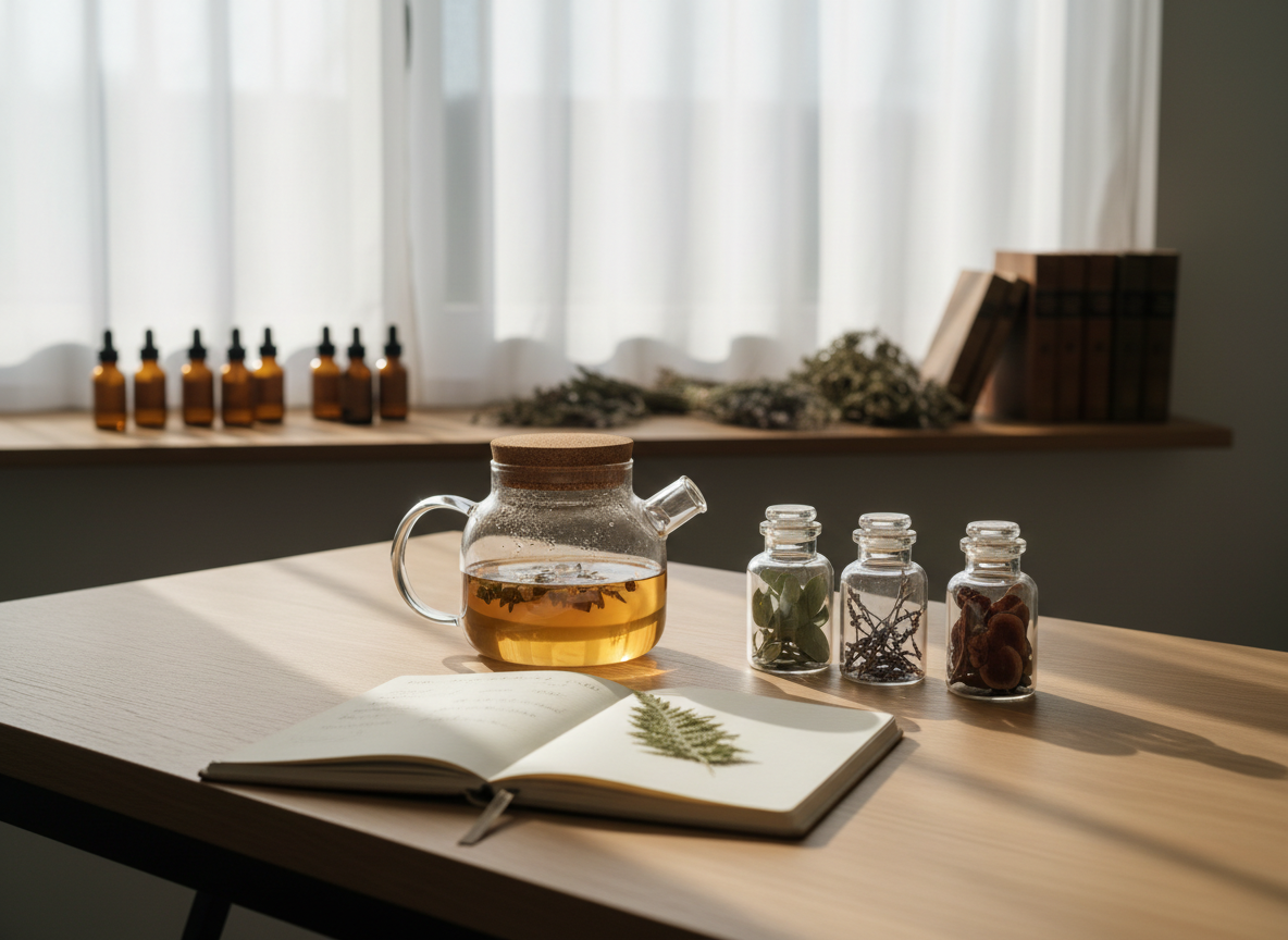 A serene still life of a natural health consultation space without any people, featuring an open linen-covered notebook, a glass teapot filled with amber herbal infusion, and neatly arranged dried plants in small apothecary jars. Everything rests on a light oak desk beside a large window. Soft morning daylight diffuses through sheer white curtains, casting gentle, elongated shadows and subtle reflections on the glass. In the blurred background, shelves hold orderly rows of natural remedies and reference books. Photographic realism with a clean, minimalist composition using the rule of thirds and a shallow depth of field, creating a calm, professional, and welcoming atmosphere aligned with holistic, natural health guidance.